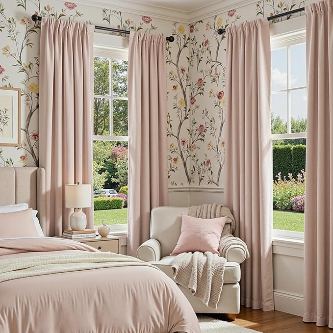 jinchan Chenille Blackout Curtains 96 Inches Long Light Pink Thermal Insulated Curtains for Living Room Bedroom 2 Panels Triple Weave Noise Reducing Nursery Drapes Girls Room Curtains 50x96 Inch