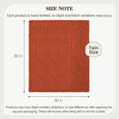 Carriediosa Chunky Knit Throw Blanket 60" X 80" Twin, 100% Hand Made Large Chenille Loop Yarn Soft Fluffy Throws for Couch Sofa Bed, Big Crochet Cozy Heavy Thick Cable Woven Blankets, Rust