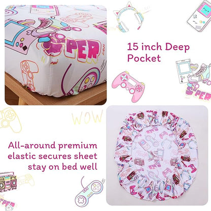 JSD Gaming Kids Sheet Set Full Size, 4 Piece Soft Girls Gamer Printed Microfiber Bed Sheets Deep Pocket