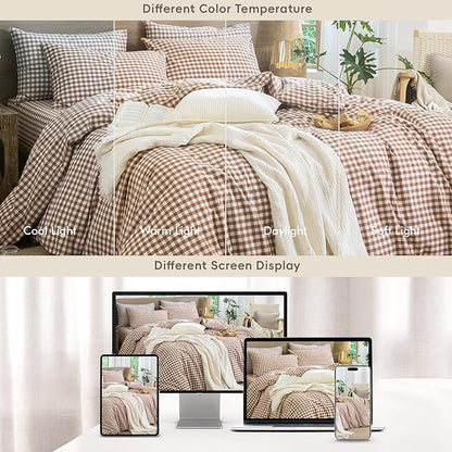 MooMee Gingham Duvet Cover Set 100% Washed Cotton Linen Like Textured Breathable Durable Soft Comfy Modern Checkered Design (Dark Orange Gingham, Oversized Queen 98"x98")