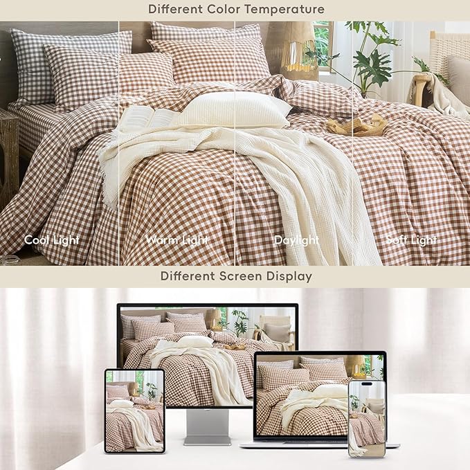 MooMee Gingham Duvet Cover Set 100% Washed Cotton Linen Like Textured Breathable Durable Soft Comfy Modern Checkered Design (Dark Orange Gingham, Queen 90"x90")