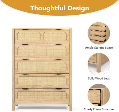 LEVNARY 5 Drawer Chest Dresser, Rattan Tall Dresser 5 Chest of Drawers Dressers for Bedroom, Wooden Storage Cane Cabinet with Metal Handles for Living Room Hallway (Natural)