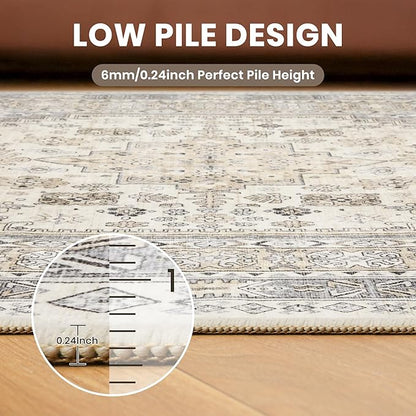 zesthome Washable Round Rug - 5ft Ultra-Thin Circle Area Rugs, Vintage Non-Slip Low Pile Rug for Living Room, Stain Resistant Rug for Bedroom, Entryway, Kitchen, Nursery