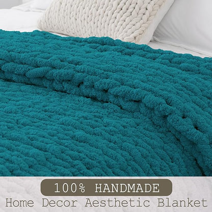 Chunky Knit Throw Blanket 50"X 60", 100% Handmade with Soft Chenille Yarn, 4.4lbs Thick Cable Knitted Blankets, Large Rope Knot Crochet Throws for Couch Sofa Bed Home Decor, Teal