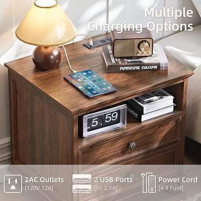 24" Wide Farmhouse Nightstand Set of 2 with Charging Station,End Table with 2 Drawers,Brown Wood Dresser for Bedroom Cabinet, Bed Side Table Chest of Drawers, Night Stand for Living Room