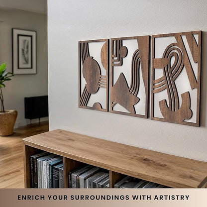 qmmp Modern Wooden Wall Sculptures - Set of 3 - Home Decor Accent - Large Wall Art for Living Room, Bedroom, Office - Easy Installation (Walnut, Medium - Abstract Shapes)