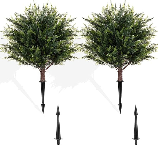 23.6" Artificial Topiary Cedar Trees with 4 Ground Stakes, Faux Outdoor Evergreen Shrubs, UV Resistant Fake Cedar Plants for Porch, Patio, Garden, Yard, Lawn, Landscape Decoration - 2 Pack