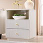 Fluted Nightstand with Charging Station, 21.65" Wide End Table with 2 Drawers, Modern Wood Bedside Table for for Bedroom, Living Room,White