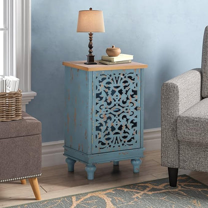 PHI VILLA Small Accent Storage Cabinet with Single Door - Decorative Nightstand for Living Room Bedroom, End Side Table Cabinet Blue