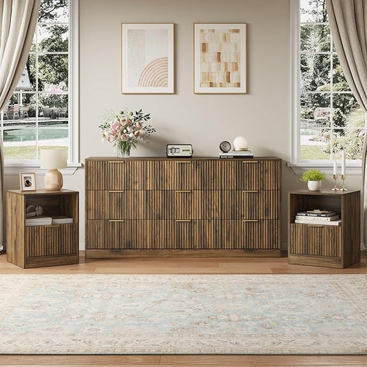 9 Drawer Dresser & Nightstand Set 3-Piece, 63” Wide Bedroom Dresser Set Night Stand Set of 2 with Metal Handle, Fluted Modern Wood Chest of Drawers Storage Dressers Set for Bedroom, Walnut