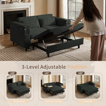 66" Multi-Functional Pull-Out Sofa Bed with Hidden Side Table, Storage Armrests, Built-in Charging Port, Spring Mattress, Solid Wood Frame – Ideal for Small Spaces, Easy Assembly