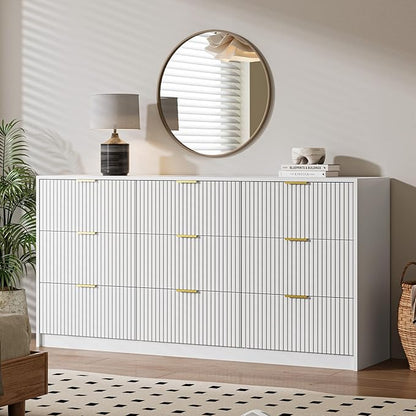 White 9 Drawer Dresser for Bedroom, 63" Wide Modern Fluted Dresser with Gold Metal Handles, Chest of Drawers for Bedroom, Living Room, Entryway, Hallway