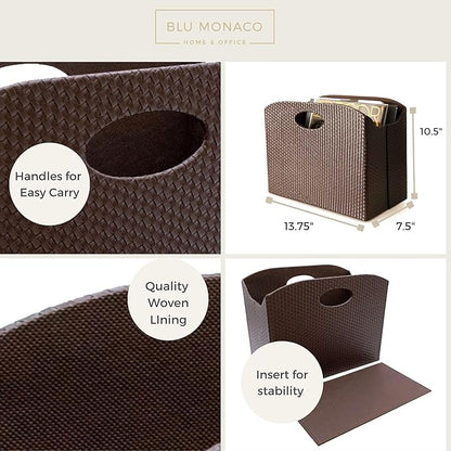 BLU MONACO | Brown Woven Leather Magazine Holder | Storage Basket with Handles for Office Living Room or Bathroom | Vertical Magazine File Organizer