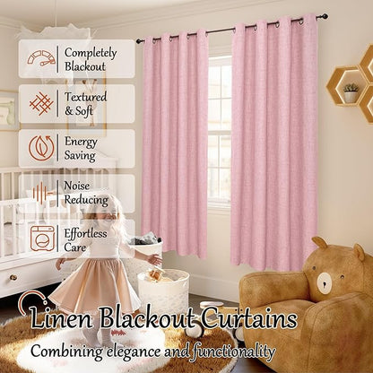 Baby Pink Linen Blackout Curtains for Nursery 72 Inch Length 2 Panels Set, Thermal Insulated Boho Total Black Out Noise Reducing Bonzer Grommets Window Curtains for Girls Bedroom, Each 52 Inch Wide
