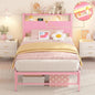 Twin Bed Frames with Charging Station, 2 Tiers Storage Headboard Twin Sized Bed No Box Spring Needed Heavy Duty Metal Platform for Girls, Pink