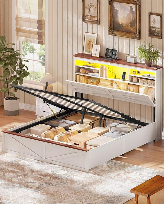 AOGLLATI Farmhouse Full Size Bed Frame with Lift Up Storage & Hidden Bookcase Storage Headbord, Wood Bed Frame Full with Charging Station, Led Lights, No Box Spring Needed, Antique White