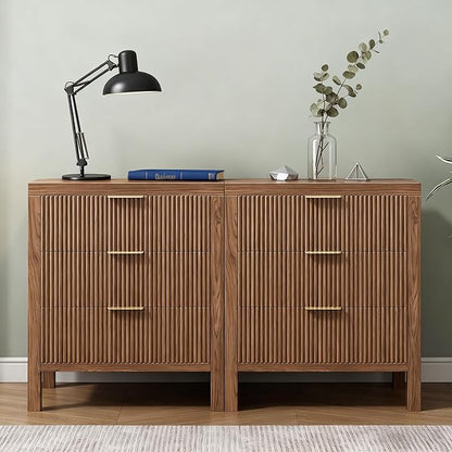 Fluted Nightstands Set of 2, Wooden Farmhouse Night Stands with 6 Drawer Bedside Table - Boho Tall End Table Accent Table for Bedroom, Living Room, Walnut