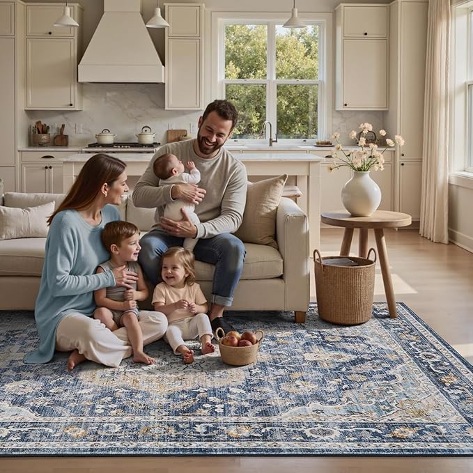 PADOOR 9X12 Area Rug,Rugs for Living Room,Soft Blue Rugs for Bedroom,Machine Washable Rug Non Slip Carpet for Dining Room Living Room Bedside Office
