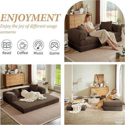 4-in-1 Convertible Folding Sleeper Sofa Bed, Fold Out Floor Sofa Couch with Fixed-Shape Frame, Cloud Corduroy Foldable Mattress Couch for Living Room Bedroom (78" Corduroy, Dark Brown)
