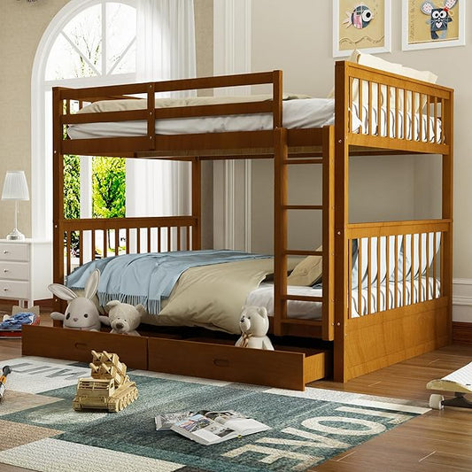 Merax Full Over Full Size Wood Bunk Bed with Drawers,Convertible Bunk Bed with Ladders and Two Storage Drawers,Solid Wood Detachable Bed Frame with Ladders, Walnut
