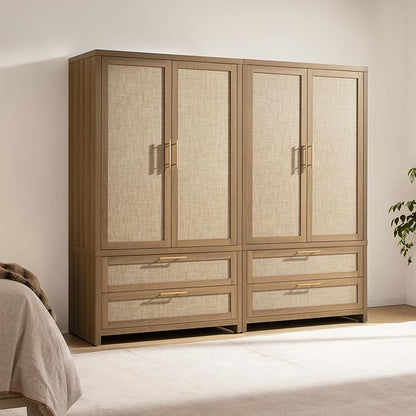 SICOTAS Larger Armoire Wardrobe Closet, 71" Tall Rattan Freestanding Wardrobe Closet Cabinet with Storage and 2 Drawers, Boho Armoire Clothes Organizer with Hanging Rod for Bedroom, Oak (2 Pieces)