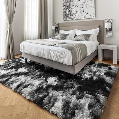 PAGISOFE Black White Rugs for Living Room 6x9, Shag Fuzzy Fluffy Washable Rugs for Bedroom Kids Room Playroom Dorm Shaggy Soft Carpet for Home Decor Aesthetic Plush Bedside Rug Modern Grey Rug