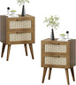 YAUKOMEL Rattan Nightstand Set of 2,Mid Century Modern Bedside with Drawers,End Table, Side Table with 2 Hand Made Rattan Decorated Drawers for Livingroom,Bedroom,Caramel Oak CTG59BR-2