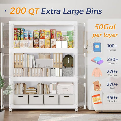 250GAL Large Stackable Storage Bins with Lid and Wheels, 1000Qt Collapsible Organizer Cabinet with Clear Door, for Closet, Bedroom, Kitchen, Garage, 5-Pack White