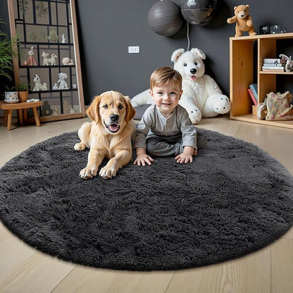 OLANLY Black Round Rugs for Bedroom - Machine Washable, 7 ft Circle Area Rugs for Living Room, Soft and Fluffy Shaggy Carpet for Teen Girls and Boys, Nursery Rooms, Dorms, Home Decor Aesthetic