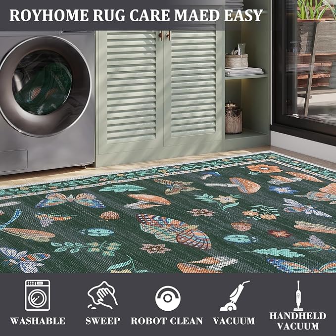 Mushroom Washable Area Rug 6x9 Rugs for Living Room Soft Low-Pile Stain Resistant Thin Carpet for Bedroom Dining Nursery Non Slip Mat with Rubber Black
