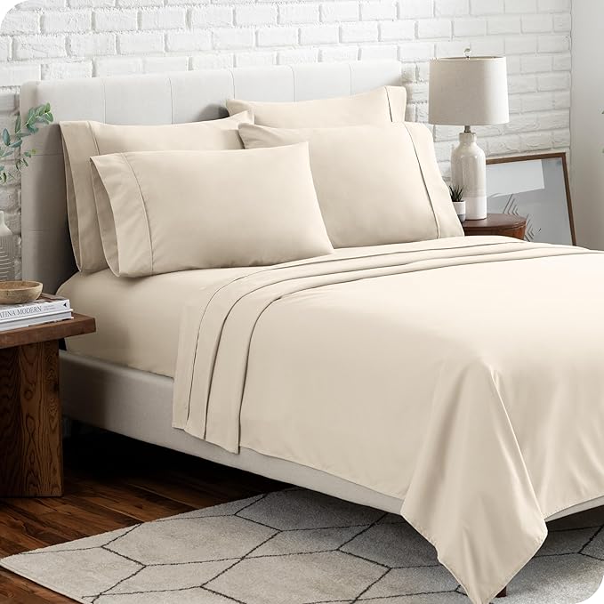 Bare Home Hotel Luxury Split King Sheet Set, Extra Soft - 7 Piece Set - Deep Pockets - Easy Fit - Cooling & Breathable - Wrinkle, Fade, Stain Resistant - Includes 4 Pillowcases (Split King, Sand)