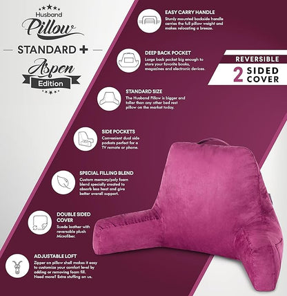 Husband Pillow Aspen Sliding Raspberry, Reading Pillow Bed Rest Chair, Two-Sided Reversible Fabric, Large Lounge Cushion Adult Backrest with Arms, Comfy Back Support for Sit Sitting Up, Washable Cover