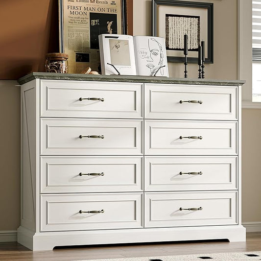 Farmhouse 8 Drawers Dresser for Bedroom, 48" Wide Wood Chest of Drawers with Deep Drawers & Bar Handles, Modern Dresser TV Stand, Rustic Wooden Closet Storage Organizer for Living Room, Hallway, White