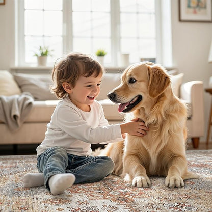 zesthome 8ft Round Rugs for Living Room, Non-Slip Washable Round Area Rugs, Ultra-Thin Large Circle Rugs, Soft Low Pile Rug for Bedroom, Kitchen - Vintage Stain Resistant Round Rug (Orange,8'x8')