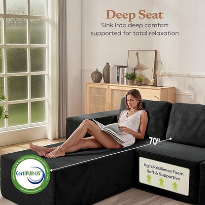 106" Cloud Sectional Couch, Left/Right Facing Convertible Sofa with Deep Seat, L-Shape Modular Upholstered Foam Couch for Living Room Bedroom, No Assembly Required (Corduroy Fabric, Black)
