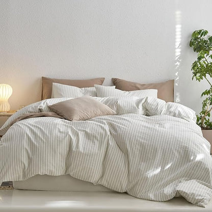 MooMee Striped Duvet Cover Set 100% Washed Cotton Linen Like Textured Breathable Durable Soft Comfy (White Sage Green Wide Stripes, Cal King 104"x98")