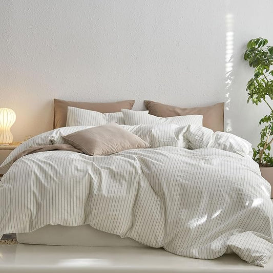 MooMee Striped Duvet Cover Set 100% Washed Cotton Linen Like Textured Breathable Durable Soft Comfy (White Sage Green Wide Stripes, Super King 108"x98")