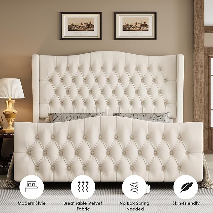 Keyluv Queen Size 54.3” Tall Platform Bed Frame with Deep Button Tufted Wingback Headboard and Footboard, Velvet Upholstered Bed Frame with Handmade Pleats, No Box Spring Needed, Beige/Cream