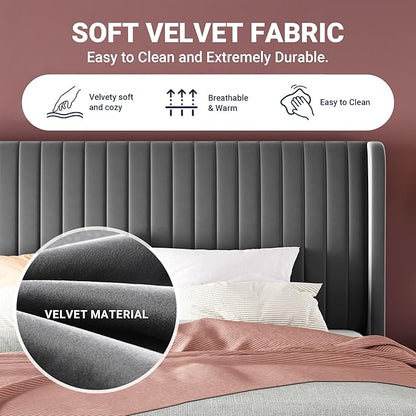 Allewie Full Size Velvet Bed Frame/Vertical Channel Tufted Wingback Headboard/Upholstered Platform Bed/Strong Wooden Slats/No Box Spring Needed/Easy Assembly/Grey