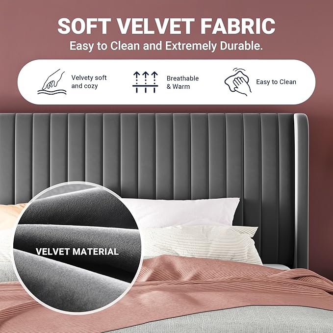 Allewie Queen Size Velvet Bed Frame/Vertical Channel Tufted Wingback Headboard/Upholstered Platform Bed/Strong Wooden Slats/No Box Spring Needed/Easy Assembly/Grey