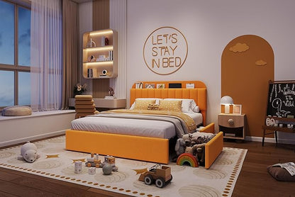 Jojoka Full Bed Frame with Storage Headboard and 2 Drawers, Boucle Upholstered Platform Bed, Modern Kids Full Bed Frames for Small Rooms, No Box Spring Needed, Easy Assembly, Yellow