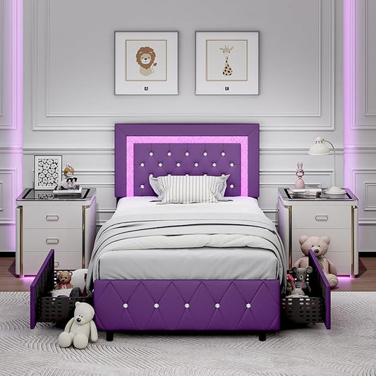 Twin Bed Frames with Storage Drawers and LED Lights, Upholstered Bed with Crystal Tufted Headboard, Princess Platform Bed with Wooden Slats Support, No Box Spring Needed, Purple
