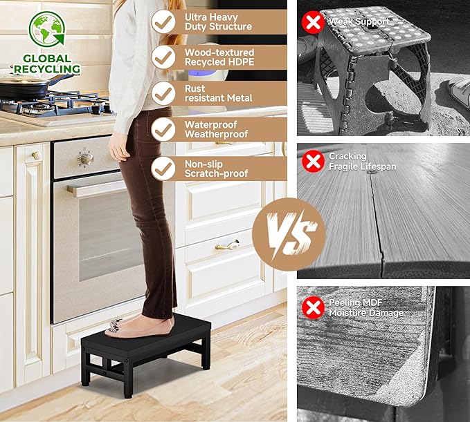 Y&M One Step Stool for Adults Kids, Adjustable Non-Slip Foot Stool with Sturdy Metal Frame, Bed Step for High Beds, Portable Step for Kitchen, Bathroom, Bedroom, Living Room – Black