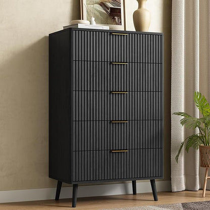 CARPETNAL Fluted 5 Drawers Dresser for Bedroom, 45" Tall Wooden Chest of Drawers with Rounded Corners, Gold Handles, Modern Storage Organizer for Bedroom, Hallway (Black)