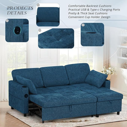 84" Chenille Pull Out Sofa Bed w/Adjustable Backrest, L-Shape Modern Sleeper Sofa w/Reversible Chaise, Upholstered Sectional Couch w/USB Port and Side Pockets for Living Room, House, Blue