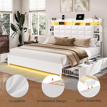 LARMACE Queen Size Bed Frame with 4 Storage Drawers and Bookcase Headboard, Faux Leather Upholstered, Wooden Platform Bed Frame with Charging Station and LED Lights, No Box Spring Needed, White