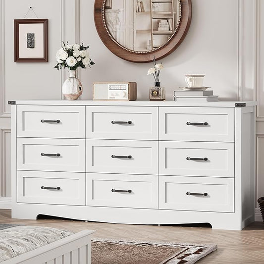 Dresser for Bedroom with 9 Drawers, 63" Wide Wood Chest of Drawers with Deep Drawers & Mental Handle, Modern Dresser TV Stand, Wooden Closet Storage Organizer for Living Room, Hallway, Entryway, White