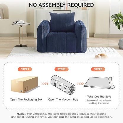 Oversized Boneless Corduroy Accent Chair, Comfy Deep Seat Armchair for Bedroom, Modern Upholstered Living Room Sofa Chair with Pillow, No Assembly, Navy