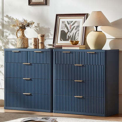 LEYAOYAO Fluted 5 Drawers Dresser for Bedroom, 34" Tall Modern Chest of Drawers with Metal Handle, Curved Profile Design,Navy Blue Wood Drawer Organizer for Bedroom, Living Room, Hallway, Entryway