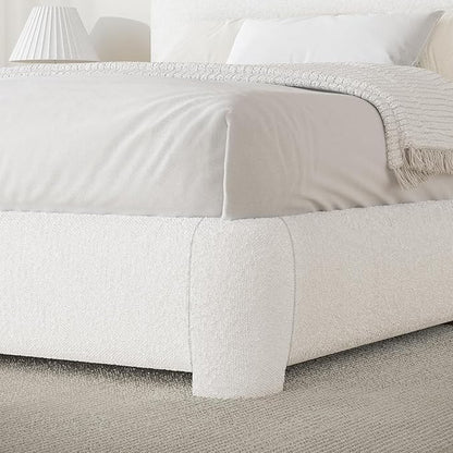 BarnFurin Boucle Upholstered Bed Frame King Size/Cloud Bed Frame/Soft Rounded Corners Headboard/Low Profile/No Box Spring Needed/White